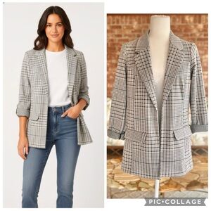 Liverpool Boyfriend Blazer Plaid Gray Beige Open Front Knit S Classic Stretch
